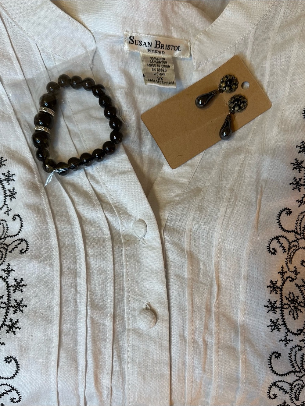 Susan Bristol Cream Button-Front Blouse with Black Embroidery with free jewelry